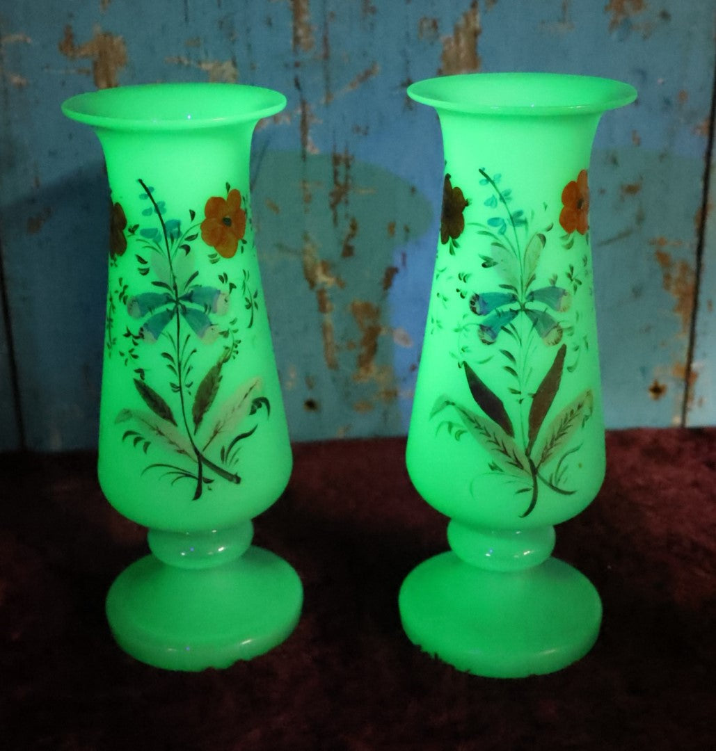 Lot 029 - Pair of Vintage Uranium Glass Vases, Opaque Glass With Hand Painted Floral Details, Strong Glow Under U.V., Note Each Has Chip On Rim