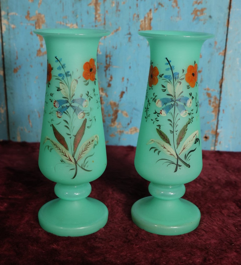 Lot 029 - Pair of Vintage Uranium Glass Vases, Opaque Glass With Hand Painted Floral Details, Strong Glow Under U.V., Note Each Has Chip On Rim