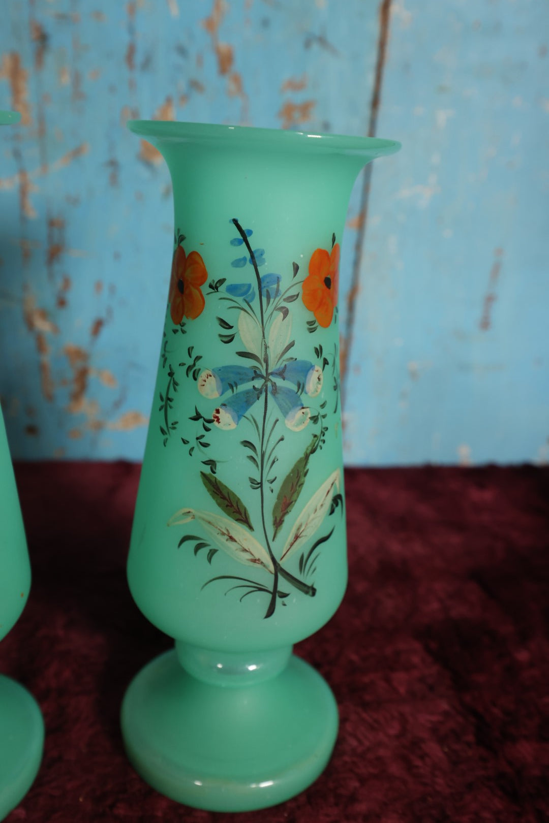 Lot 029 - Pair of Vintage Uranium Glass Vases, Opaque Glass With Hand Painted Floral Details, Strong Glow Under U.V., Note Each Has Chip On Rim