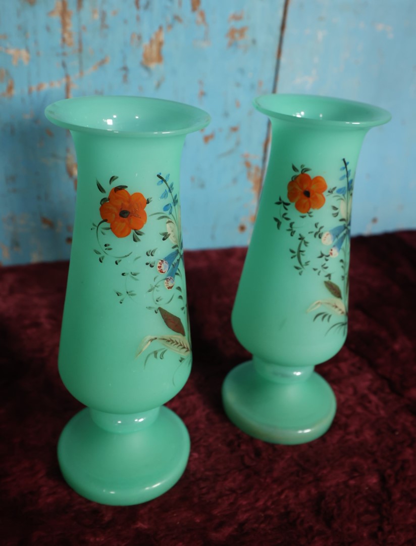 Lot 029 - Pair of Vintage Uranium Glass Vases, Opaque Glass With Hand Painted Floral Details, Strong Glow Under U.V., Note Each Has Chip On Rim