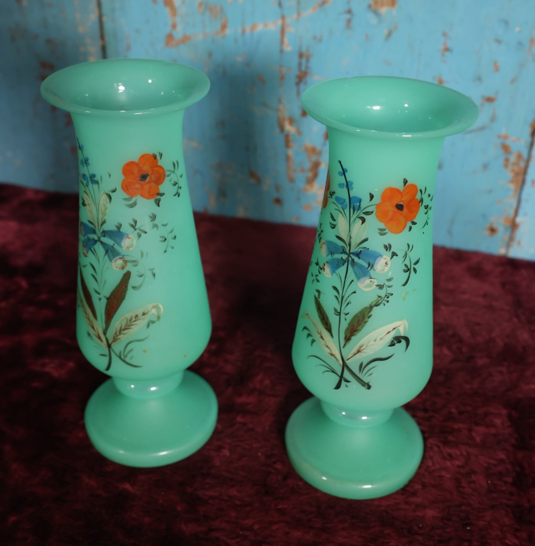 Lot 029 - Pair of Vintage Uranium Glass Vases, Opaque Glass With Hand Painted Floral Details, Strong Glow Under U.V., Note Each Has Chip On Rim