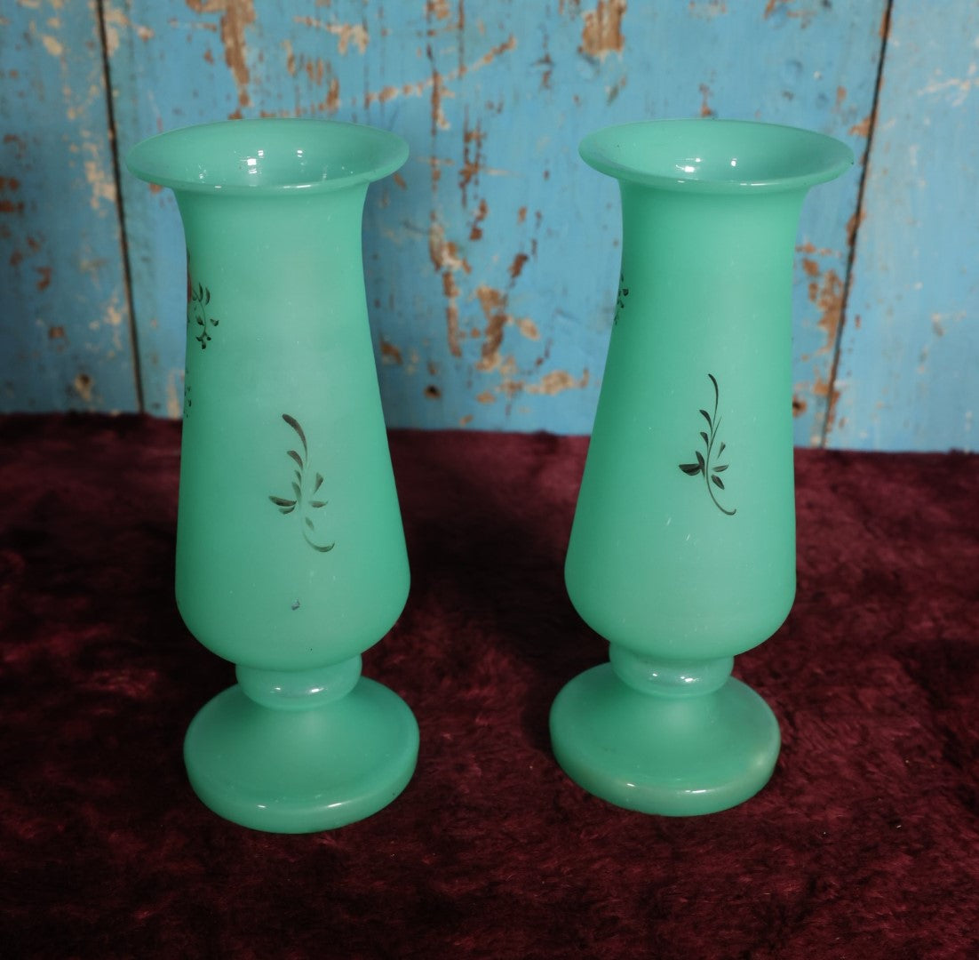 Lot 029 - Pair of Vintage Uranium Glass Vases, Opaque Glass With Hand Painted Floral Details, Strong Glow Under U.V., Note Each Has Chip On Rim