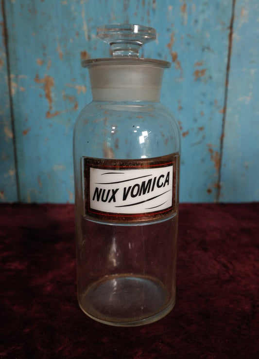 Lot 030 - Antique Nux Vomica (Strychnine) Apothecary Bottle With Glass Label, Stopper, Approximately 9.5", Homeopathic Medicine