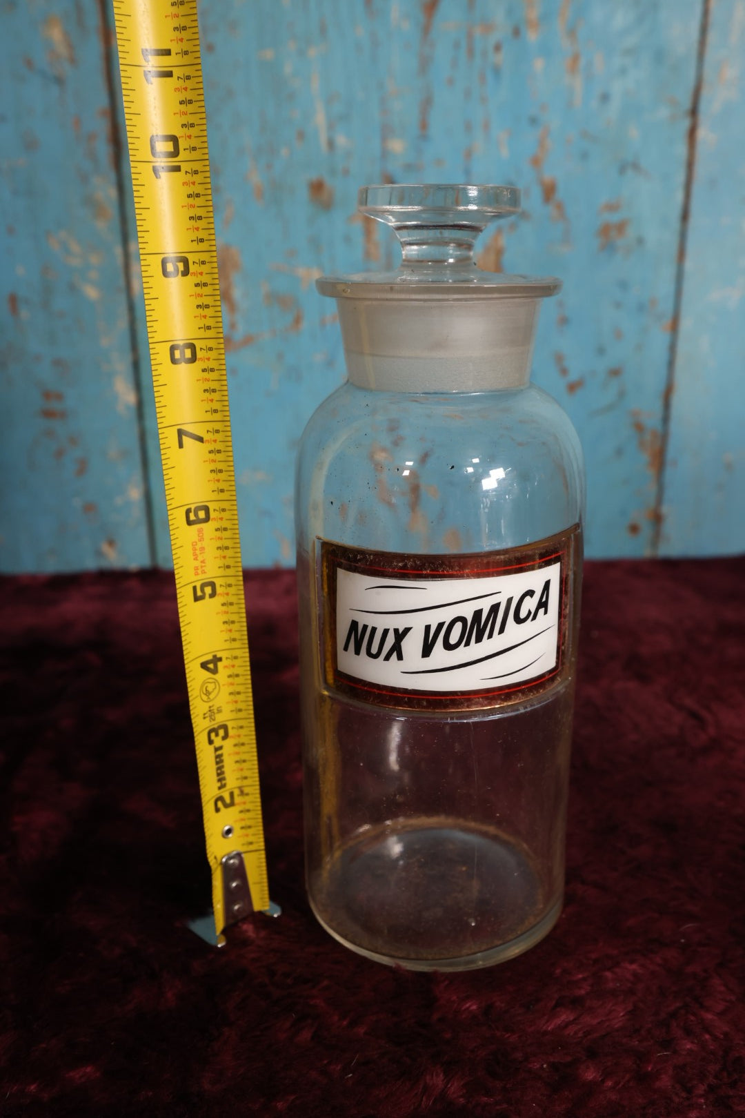 Lot 030 - Antique Nux Vomica (Strychnine) Apothecary Bottle With Glass Label, Stopper, Approximately 9.5", Homeopathic Medicine