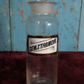 Lot 031 - Antique Sem Stramon (Stramonium, Jimsonweed, Devil's Trumpet, Thronapple) Apothecary Bottle With Glass Label, Stopper, Approximately 10", Used For Hallucinogenic Properties In Occult Rituals, Medicine, Note Crack Down Label