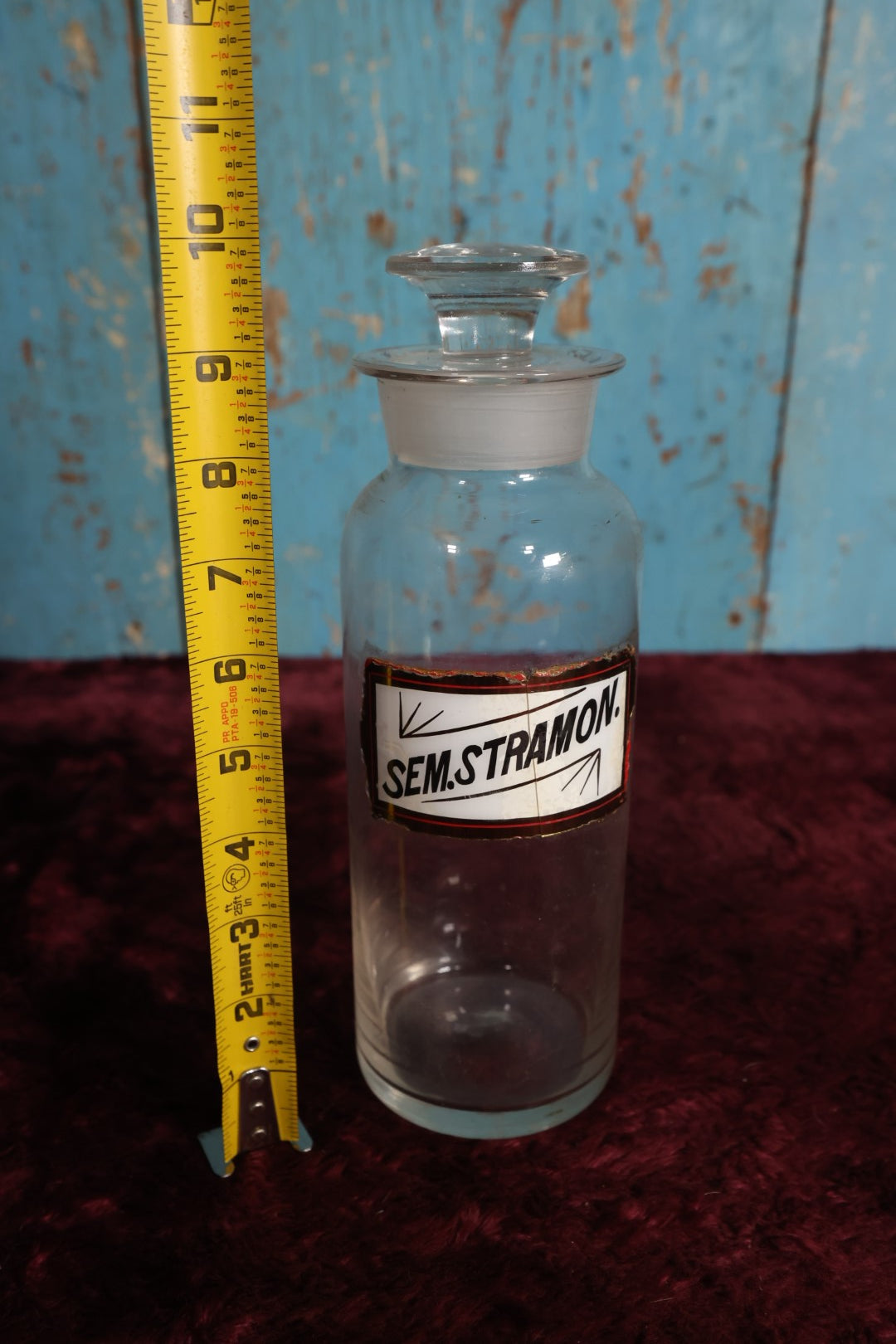 Lot 031 - Antique Sem Stramon (Stramonium, Jimsonweed, Devil's Trumpet, Thronapple) Apothecary Bottle With Glass Label, Stopper, Approximately 10", Used For Hallucinagentic Properties In Occult Rituals, Medicine, Note Crack Down Label