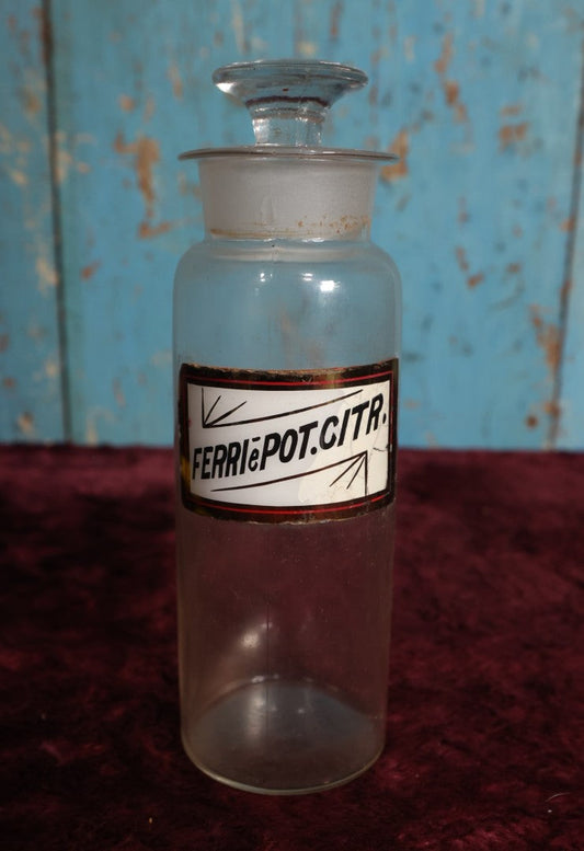 Lot 032 - Antique Ferric (Iron) And Potassium Citrate Apothecary Bottle With Glass Label, Stopper, Approximately 9.5"