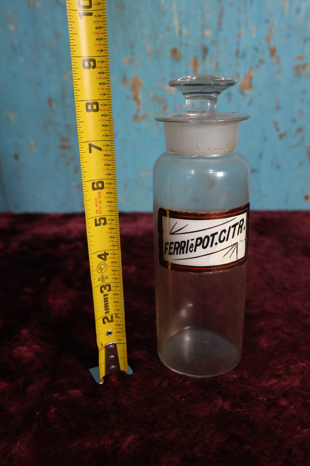 Lot 032 - Antique Ferric (Iron) And Potassium Citrate Apothecary Bottle With Glass Label, Stopper, Approximately 9.5"