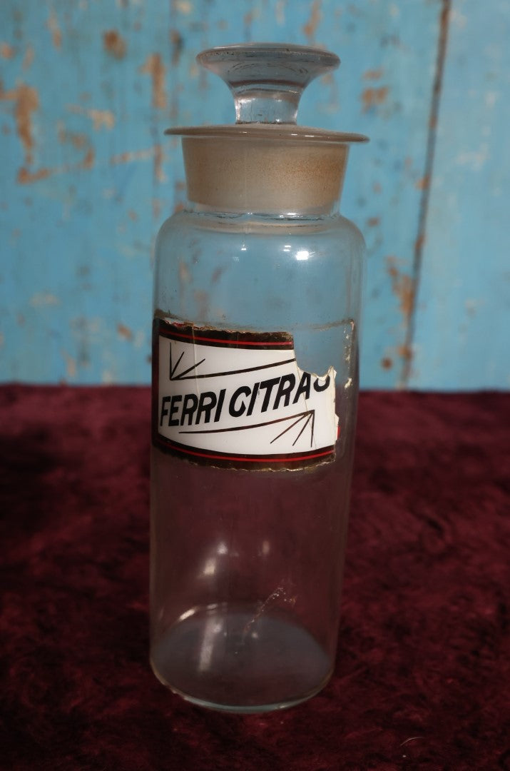 Lot 034 - Antique Ferric (Iron) Citrate Apothecary Bottle With Glass Label, Stopper, Approximately 9.5", Note Severa Label Damage, Losses