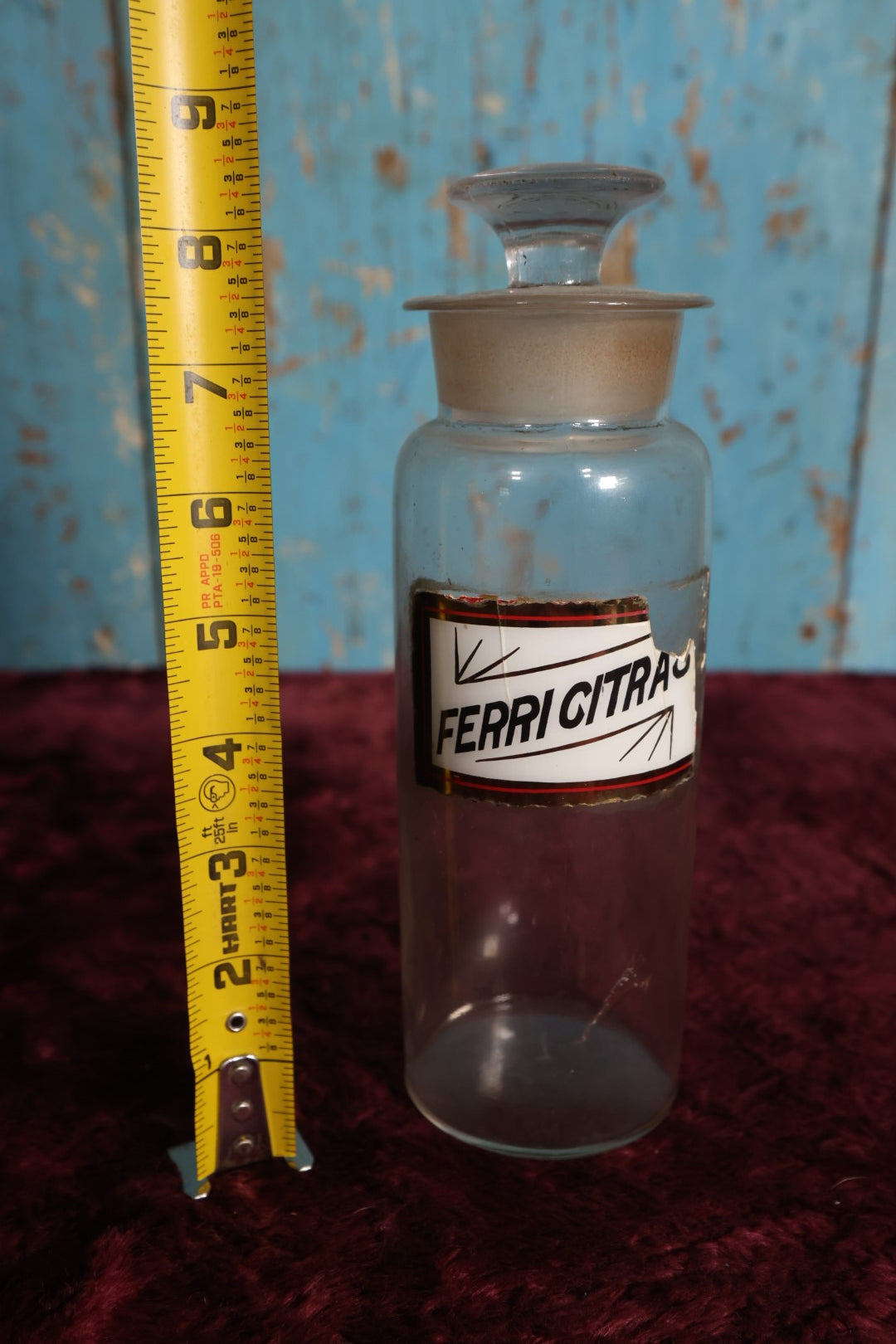 Lot 034 - Antique Ferric (Iron) Citrate Apothecary Bottle With Glass Label, Stopper, Approximately 9.5", Note Severa Label Damage, Losses