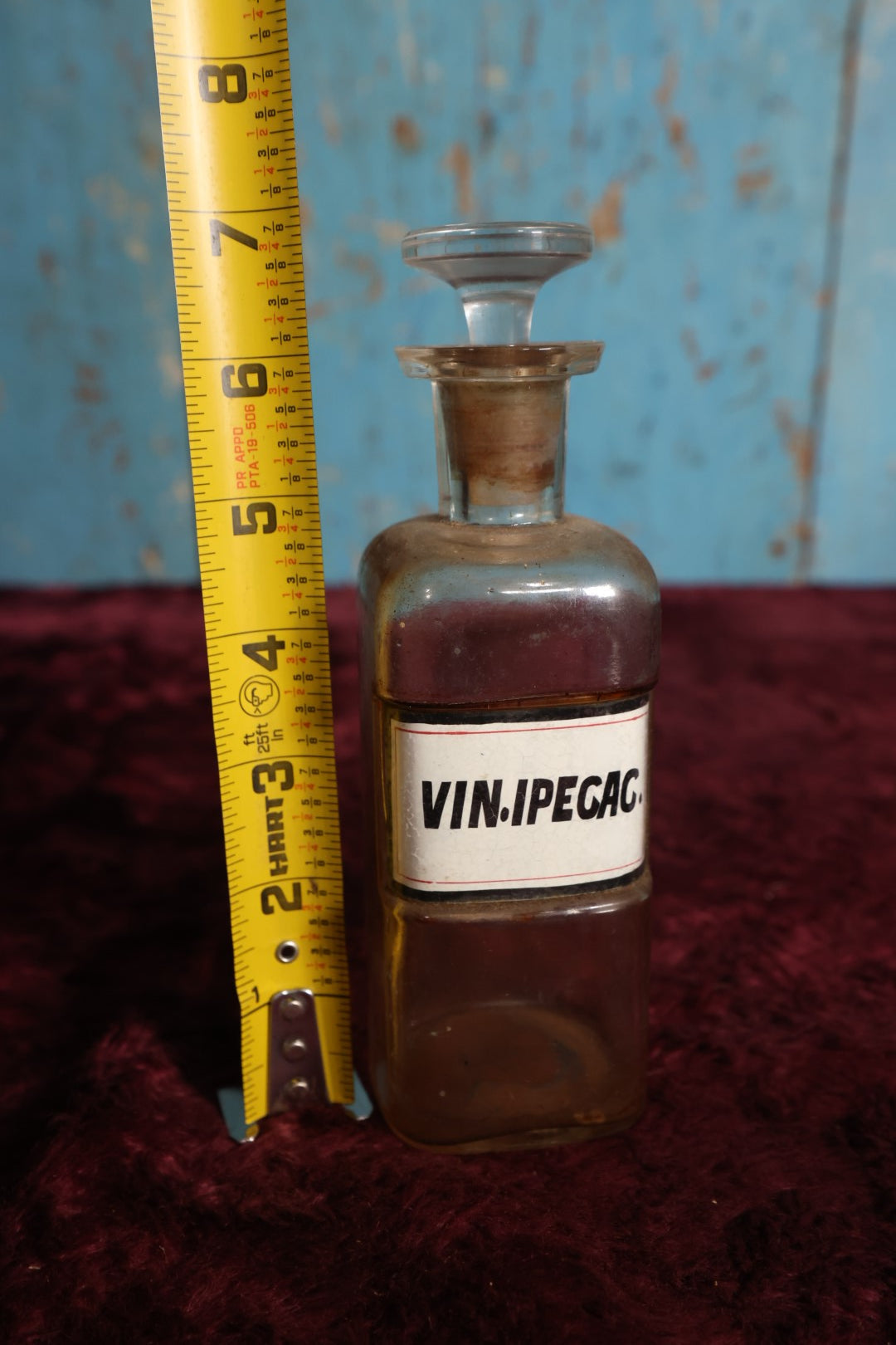 Lot 035 - Antique Vinum Ipecacuanhae / Ipecac Wine Apothecary Bottle With Glass Label, Stopper, Approximately 6.75", Emetic Used To Induce Vomiting