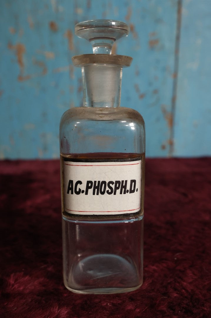 Lot 038 - Antique Acidum Phosphoricum Dilutum / Diluted Phosphoric Acid Apothecary Bottle With Glass Label, Stopper, Approximately 6.5", Digestive Aid, Apetite Stimulator