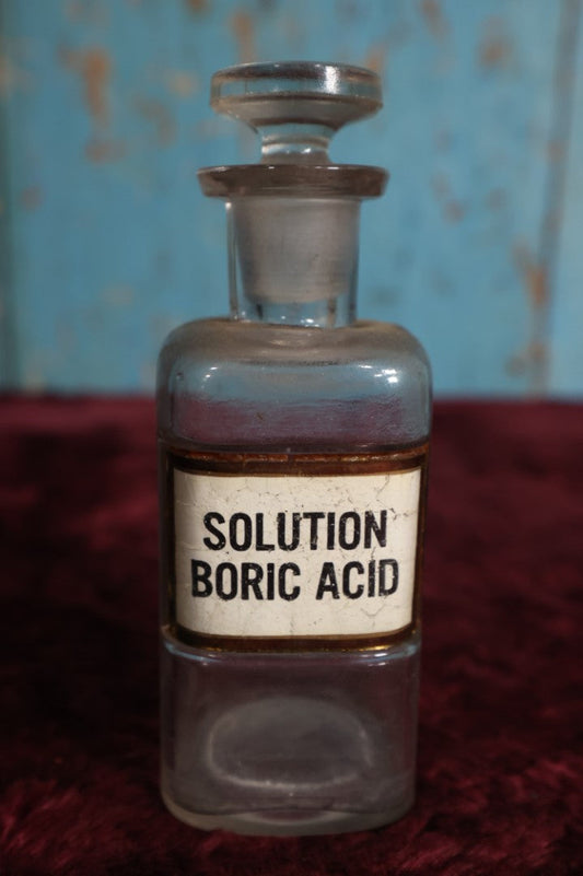 Lot 040 - Antique Boric Acid Solution Apothecary Bottle With Glass Label, Stopper, Approximately 5", Antiseptic, Eye Wash, Skin Cleanser