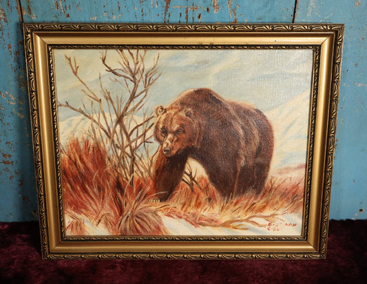 Lot 045 - Vintage Oil On Canvas Painting of A Grizzly Bear, Dated 1984, Artist Signed, Losses To Paint On Signature