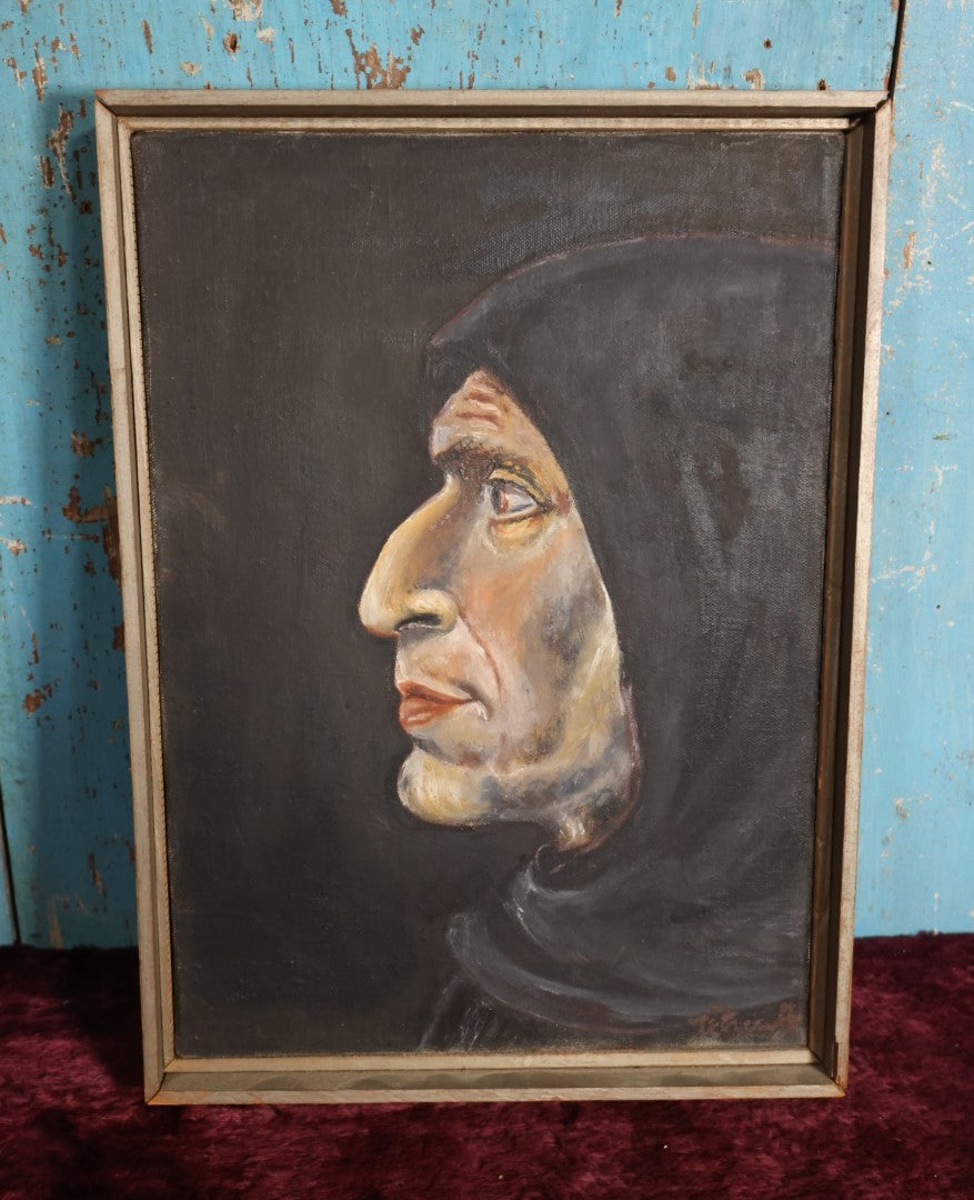 Lot 046 - Vintage Dark Monk In Profile Oil On Canvas Painting, Signed Tetreault