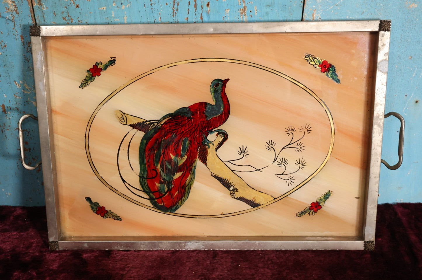 Lot 048 - Vintage Reverse Painted / Foil Peacock Serving Tray With Metal Surround, Metal Handles, Yellow Glass