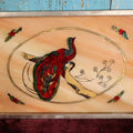 Lot 048 - Vintage Reverse Painted / Foil Peacock Serving Tray With Metal Surround, Metal Handles, Yellow Glass