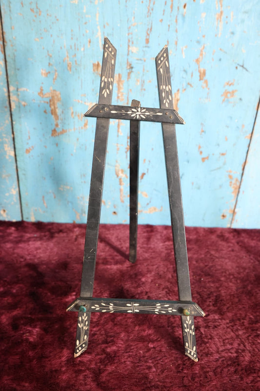 Lot 051 - Antique Delicate Wooden Easel With Black Paint, White Engraved Design, Kickstand - Approximately 13" (Larger of Two)