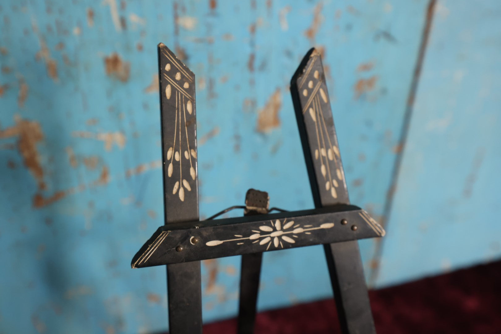 Lot 051 - Antique Delicate Wooden Easel With Black Paint, White Engraved Design, Kickstand - Approximately 13" (Larger of Two)