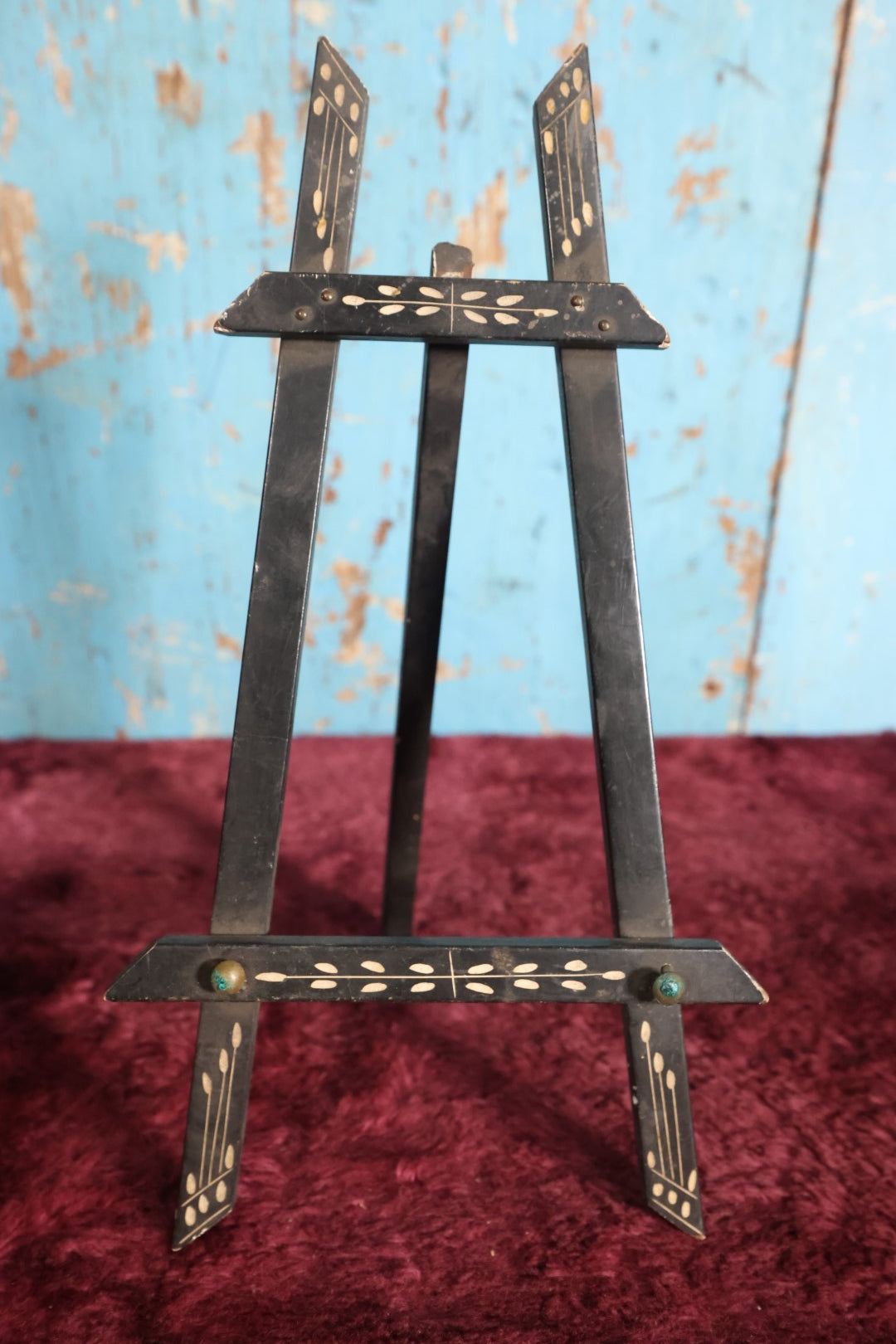 Lot 052 - Antique Delicate Wooden Easel With Black Paint, White Engraved Design, Kickstand - Approximately 10" (Smaller of Two)