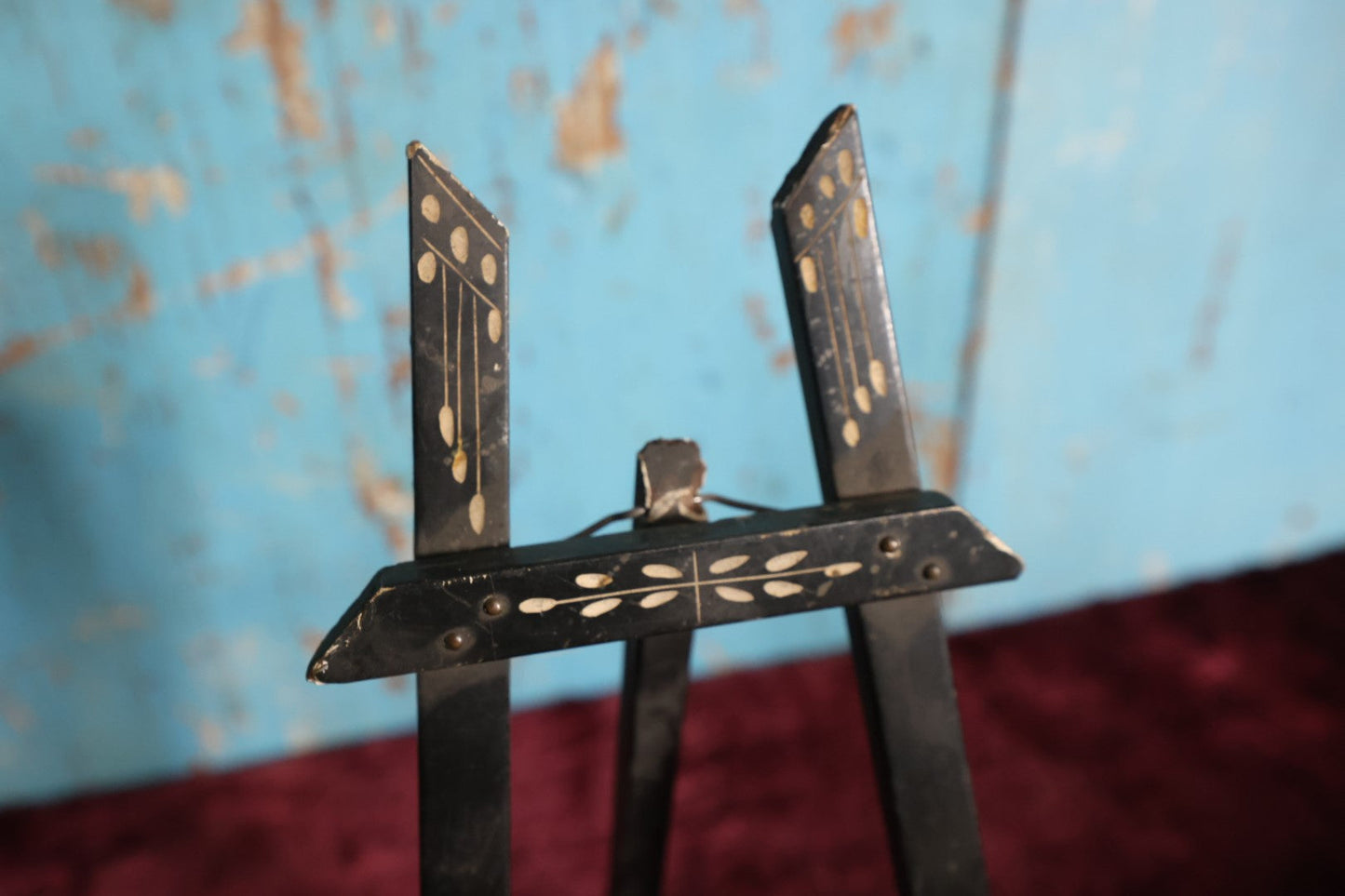 Lot 052 - Antique Delicate Wooden Easel With Black Paint, White Engraved Design, Kickstand - Approximately 10" (Smaller of Two)