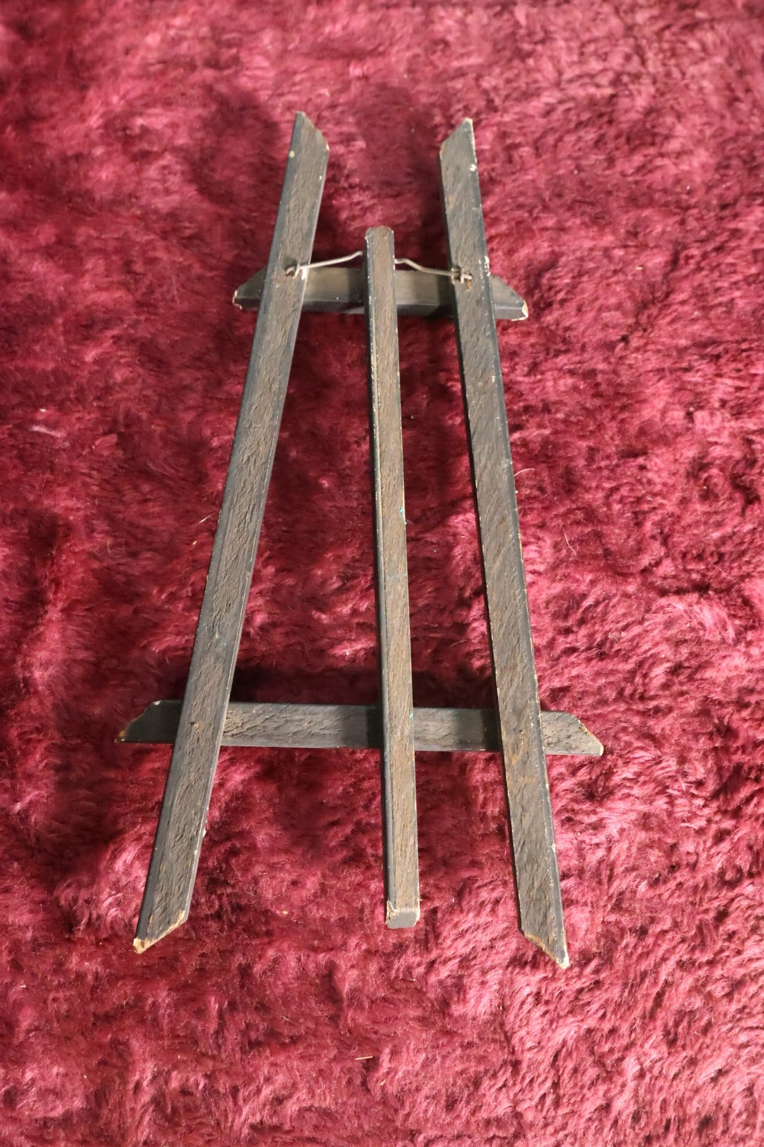 Lot 052 - Antique Delicate Wooden Easel With Black Paint, White Engraved Design, Kickstand - Approximately 10" (Smaller of Two)