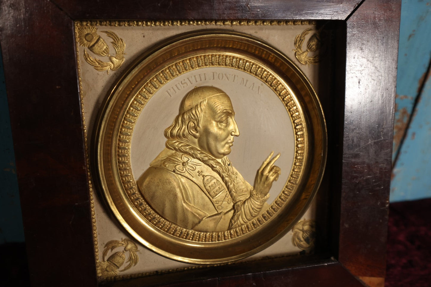 Lot 055 - Antique Framed Tin Relief Comemorative Plaque of Catholic Pope Pius Viii, Pontifex Maximus From 1829-1830