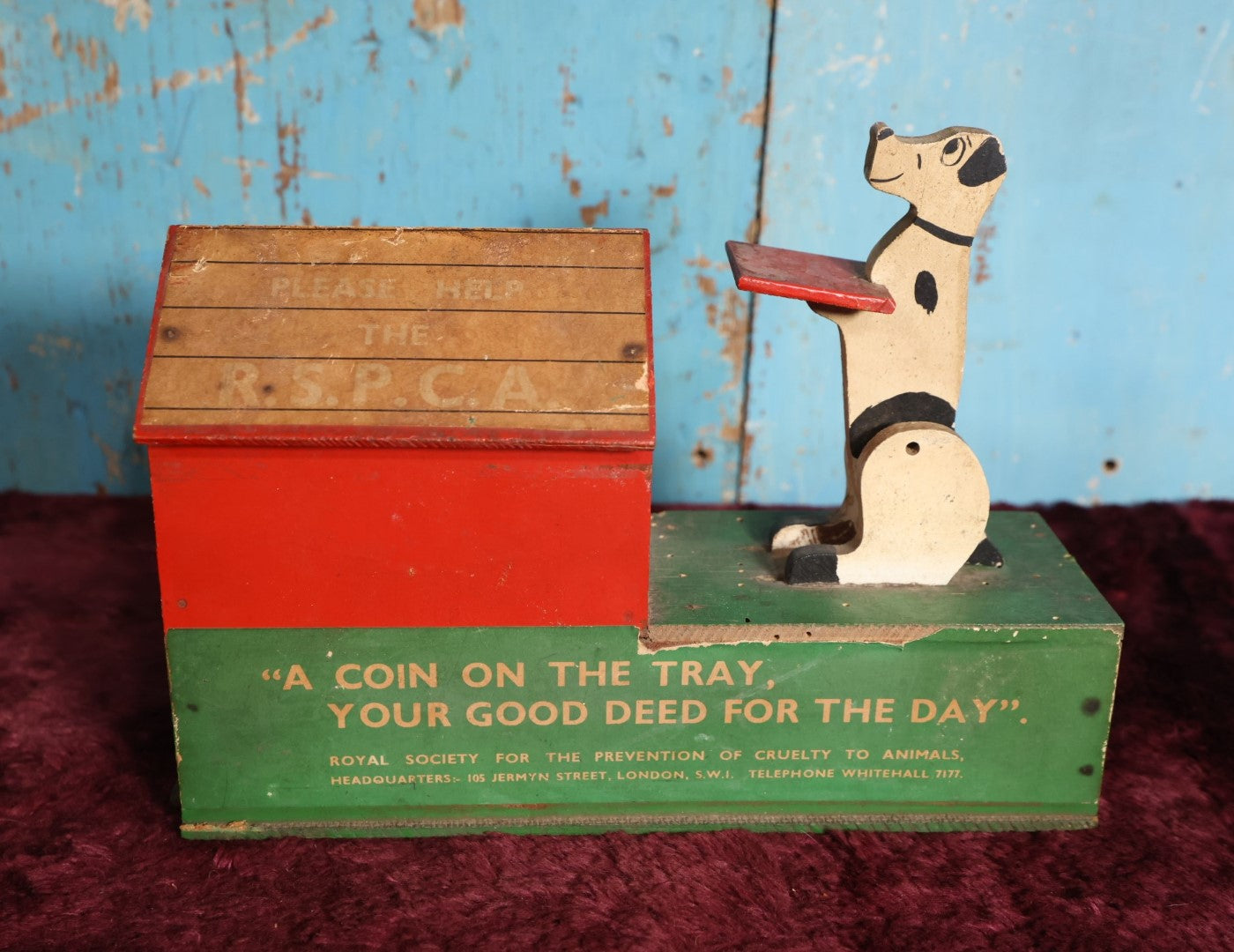 Lot 057 - Vintage Royal Society For The Prevention of Cruelty To Animals British Charity Dog And Doghouse Coin Bank, London England, Wood, Folk Art Style, Mechanical, Given In 1955