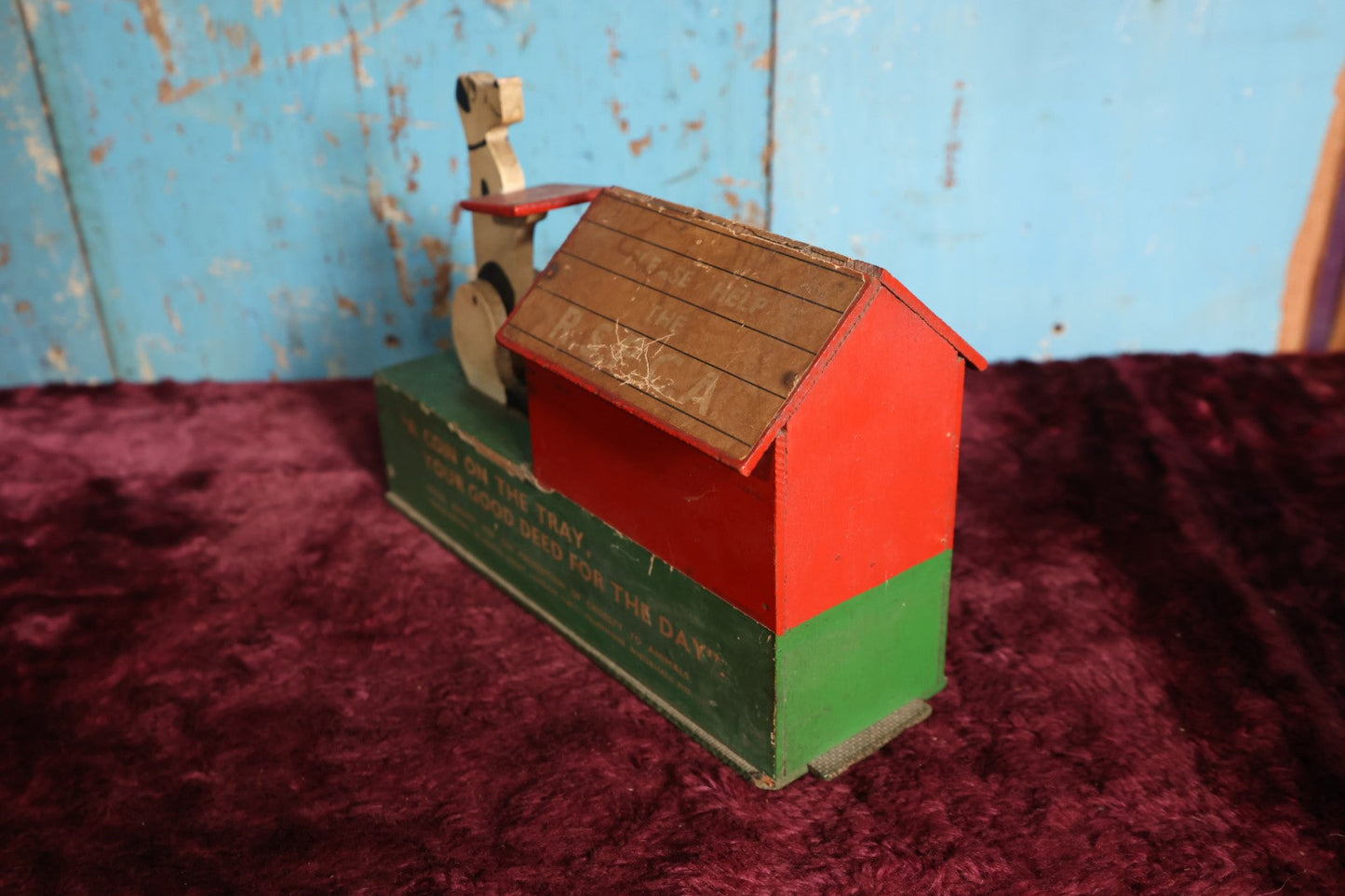 Lot 057 - Vintage Royal Society For The Prevention of Cruelty To Animals British Charity Dog And Doghouse Coin Bank, London England, Wood, Folk Art Style, Mechanical, Given In 1955