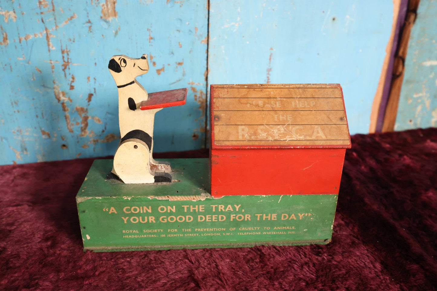 Lot 057 - Vintage Royal Society For The Prevention of Cruelty To Animals British Charity Dog And Doghouse Coin Bank, London England, Wood, Folk Art Style, Mechanical, Given In 1955