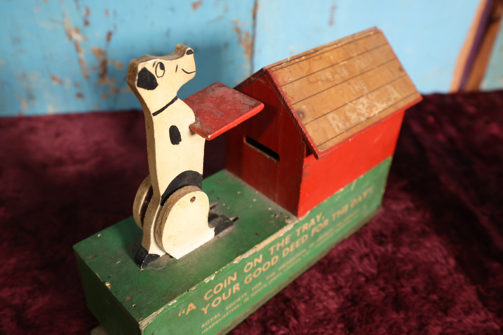 Lot 057 - Vintage Royal Society For The Prevention of Cruelty To Animals British Charity Dog And Doghouse Coin Bank, London England, Wood, Folk Art Style, Mechanical, Given In 1955