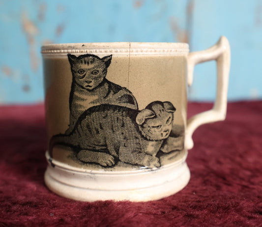 Lot 058 - Antique Pet Motif Mug With Playful Kittens, Puppies - Note Severe Damage And Repairs, Cracks Throughout, For Decorative Use Only