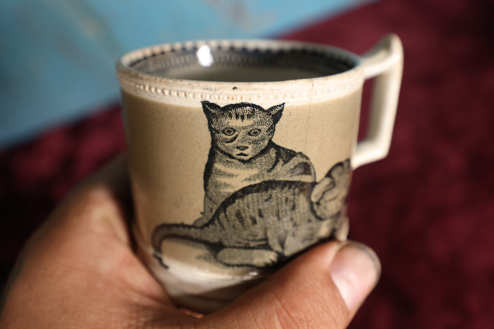 Lot 058 - Antique Pet Motif Mug With Playful Kittens, Puppies - Note Severe Damage And Repairs, Cracks Throughout, For Decorative Use Only