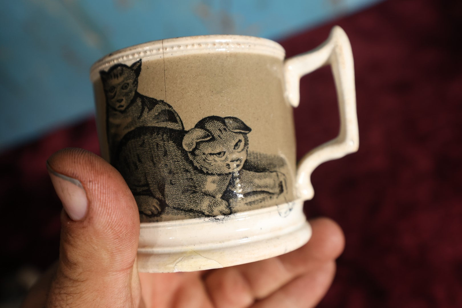 Lot 058 - Antique Pet Motif Mug With Playful Kittens, Puppies - Note Severe Damage And Repairs, Cracks Throughout, For Decorative Use Only