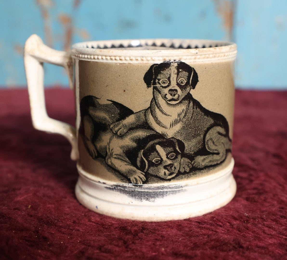 Lot 058 - Antique Pet Motif Mug With Playful Kittens, Puppies - Note Severe Damage And Repairs, Cracks Throughout, For Decorative Use Only