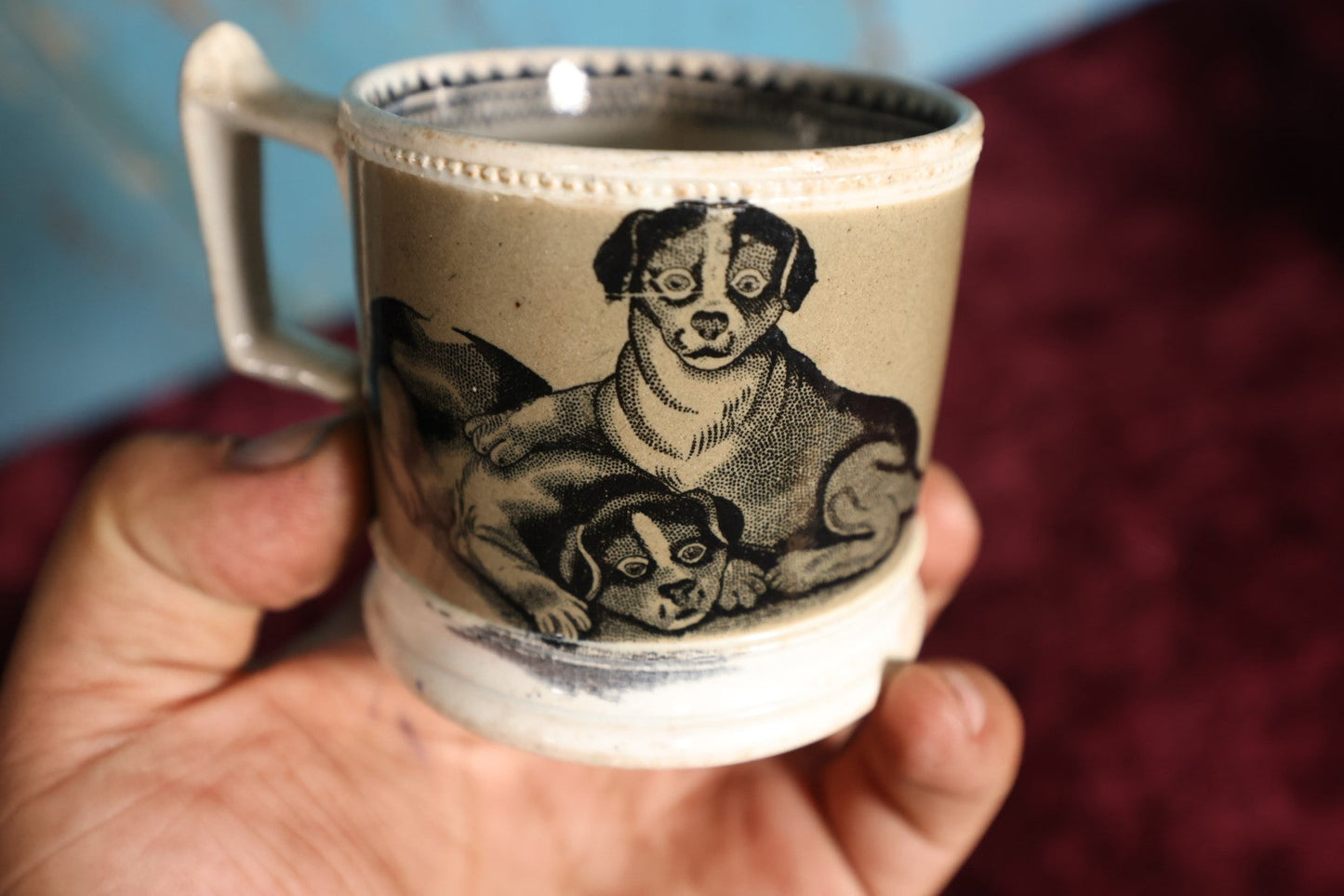 Lot 058 - Antique Pet Motif Mug With Playful Kittens, Puppies - Note Severe Damage And Repairs, Cracks Throughout, For Decorative Use Only