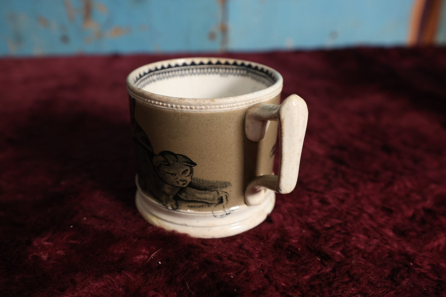 Lot 058 - Antique Pet Motif Mug With Playful Kittens, Puppies - Note Severe Damage And Repairs, Cracks Throughout, For Decorative Use Only