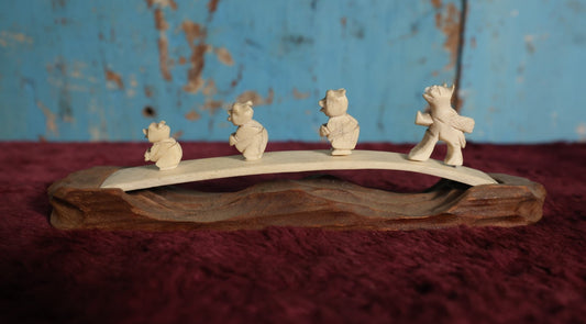 Lot 062 - Vintage Oriental Carved Bone Animals Walking Across Bridge On Wooden Base, Whimsical Folkloric Scene, Note Damage, Losses - Pieces Seperate From Bone Base And Will Be Shipped As Such