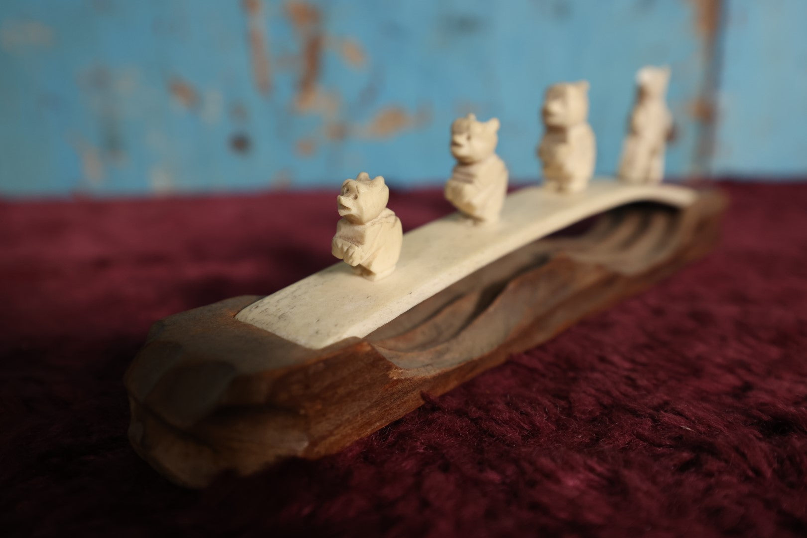 Lot 062 - Vintage Oriental Carved Bone Animals Walking Across Bridge On Wooden Base, Whimsical Folkloric Scene, Note Damage, Losses - Pieces Seperate From Bone Base And Will Be Shipped As Such