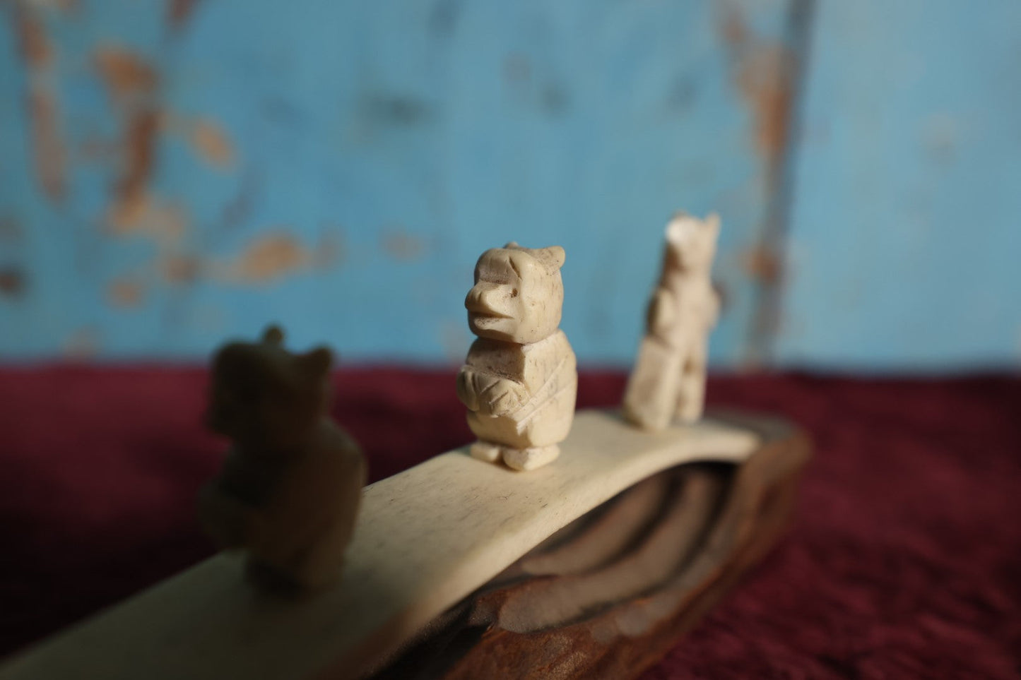 Lot 062 - Vintage Oriental Carved Bone Animals Walking Across Bridge On Wooden Base, Whimsical Folkloric Scene, Note Damage, Losses - Pieces Seperate From Bone Base And Will Be Shipped As Such