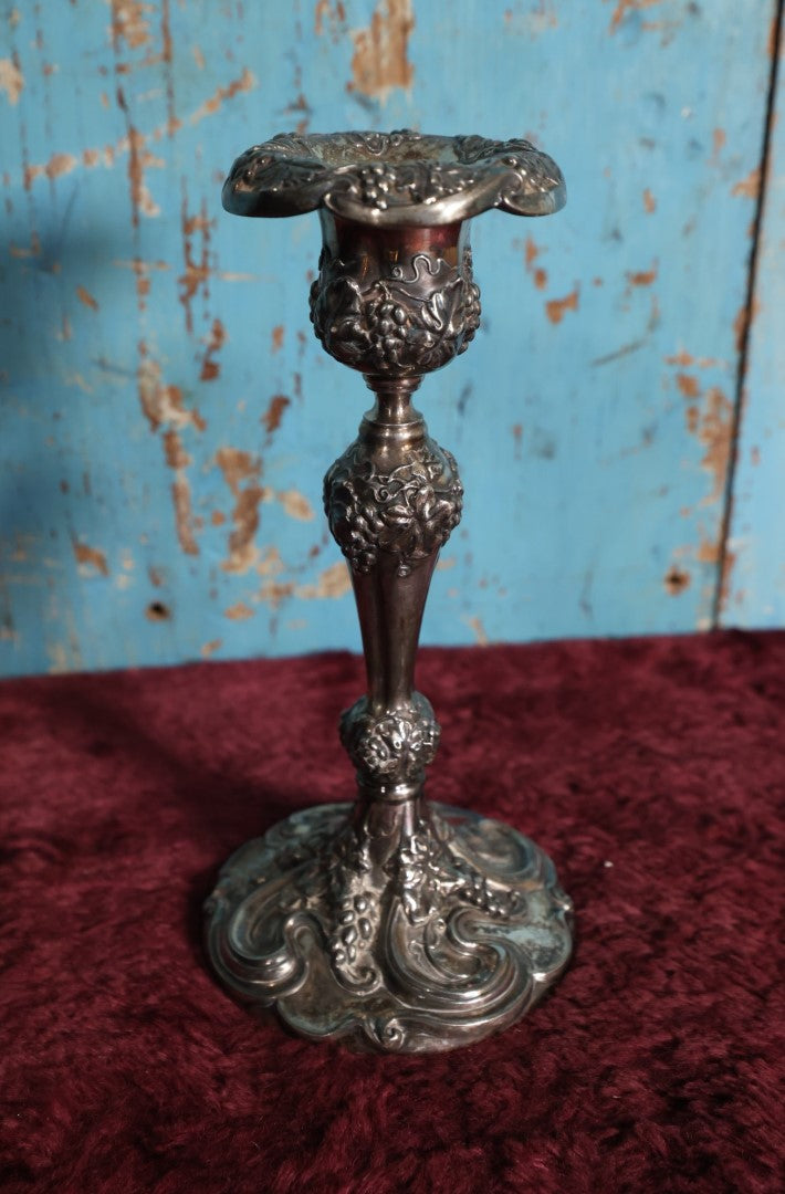 Lot 080 - Vintage Ornate Silverplate Candlestick, Quadruple Plated, Grapes Motif, Superior Silver Co. No. 1207, Single