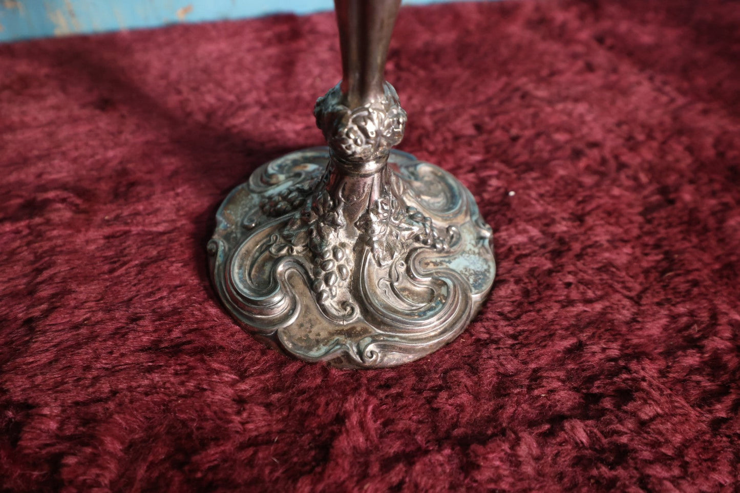 Lot 080 - Vintage Ornate Silverplate Candlestick, Quadruple Plated, Grapes Motif, Superior Silver Co. No. 1207, Single