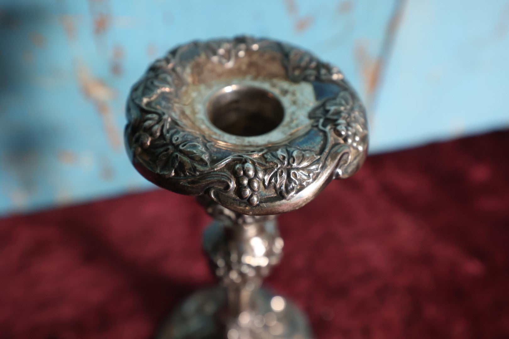 Lot 080 - Vintage Ornate Silverplate Candlestick, Quadruple Plated, Grapes Motif, Superior Silver Co. No. 1207, Single