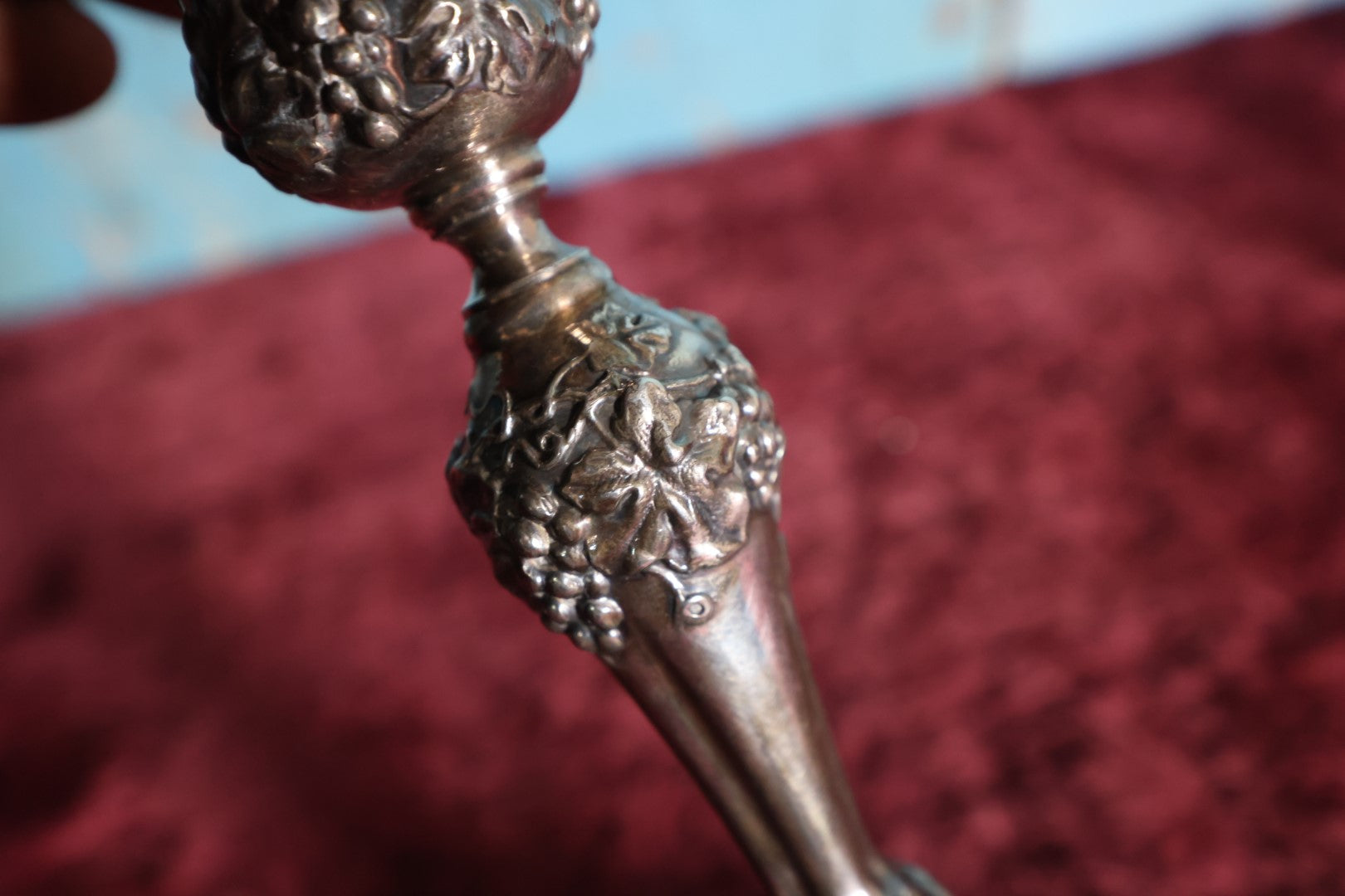 Lot 080 - Vintage Ornate Silverplate Candlestick, Quadruple Plated, Grapes Motif, Superior Silver Co. No. 1207, Single