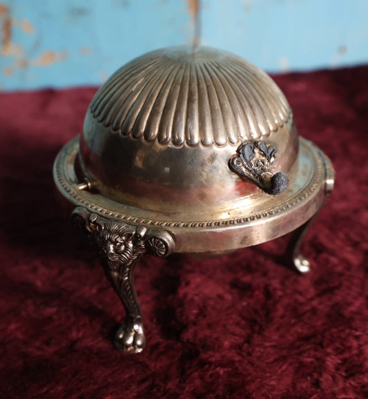 Lot 082 - Vintage Rogers Silver Company Roll Top Domed, Footed Butter Dish With Lion / Tiger Face Motif On Legs, Note Corrosion On Lift Handle