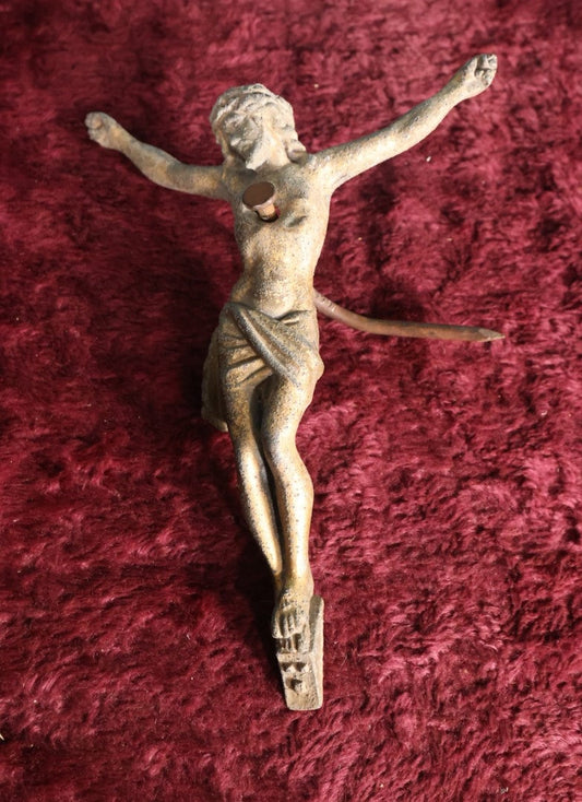 Lot 083 - Jesus Without His Cross, Cast Metal Jesus With Large Nail Through Him, Antique, Found Object