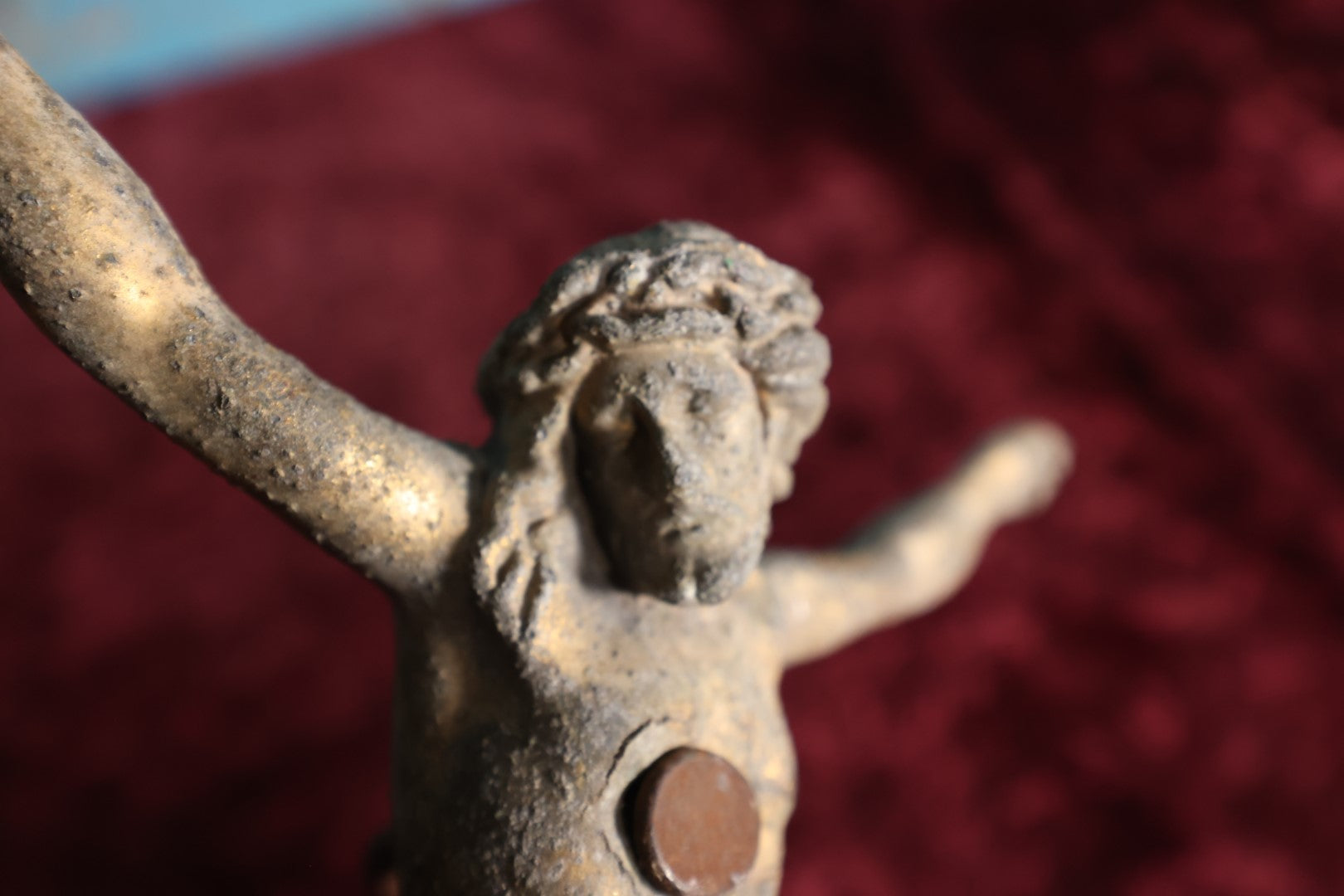 Lot 083 - Jesus Without His Cross, Cast Metal Jesus With Large Nail Through Him, Antique, Found Object