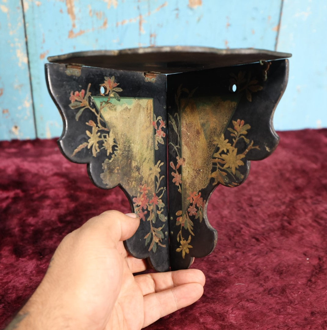 Lot 088 - Antique Chinoiserie Laquered Folding Corner Shelf, Floral Painting, Note Wear And Losses