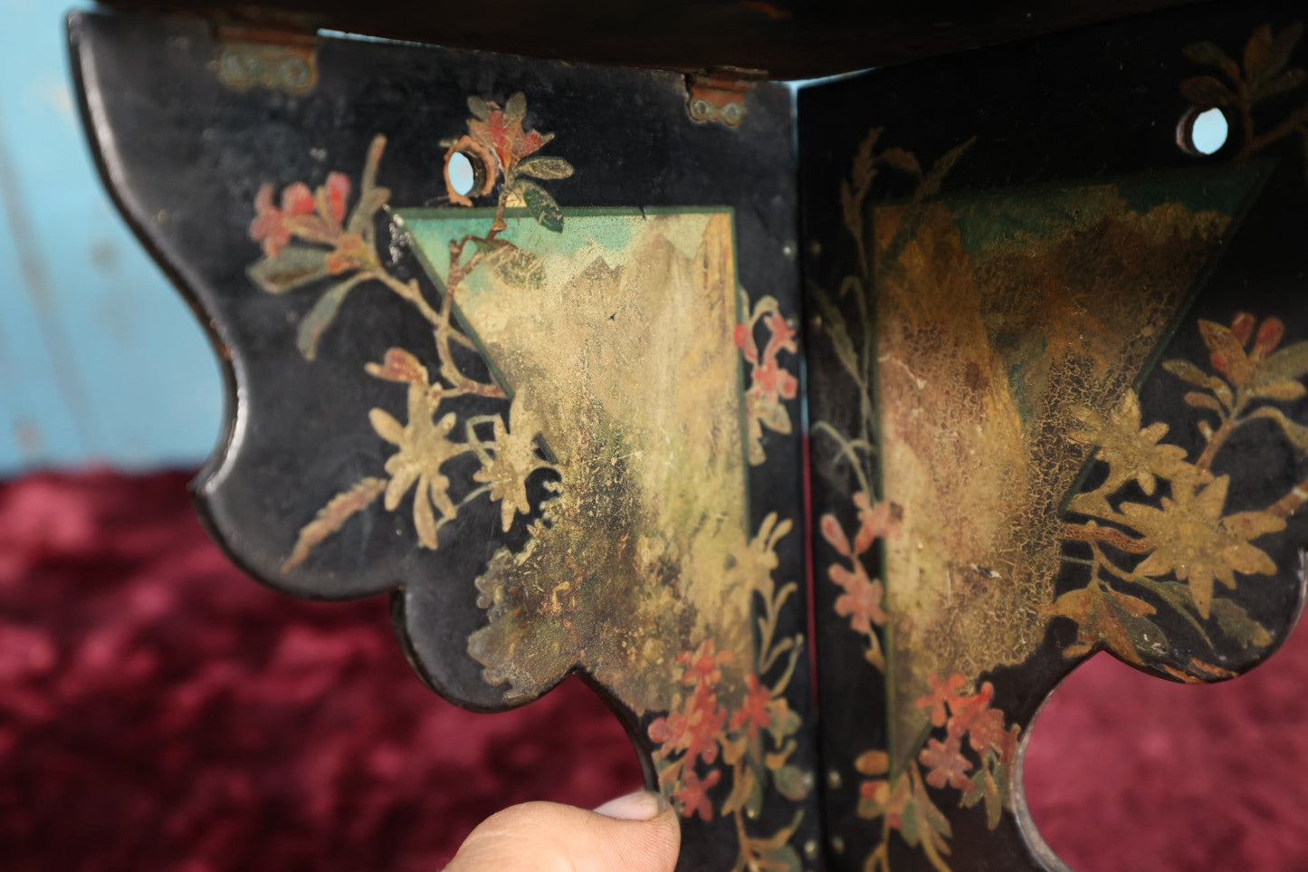 Lot 088 - Antique Chinoiserie Laquered Folding Corner Shelf, Floral Painting, Note Wear And Losses