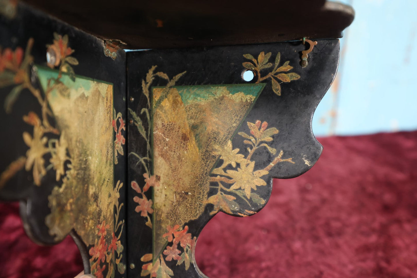 Lot 088 - Antique Chinoiserie Laquered Folding Corner Shelf, Floral Painting, Note Wear And Losses